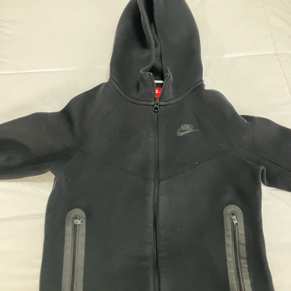 Nike Tech Boys Black Hooded Zip-Up Sweatshirt with Tonal Logo